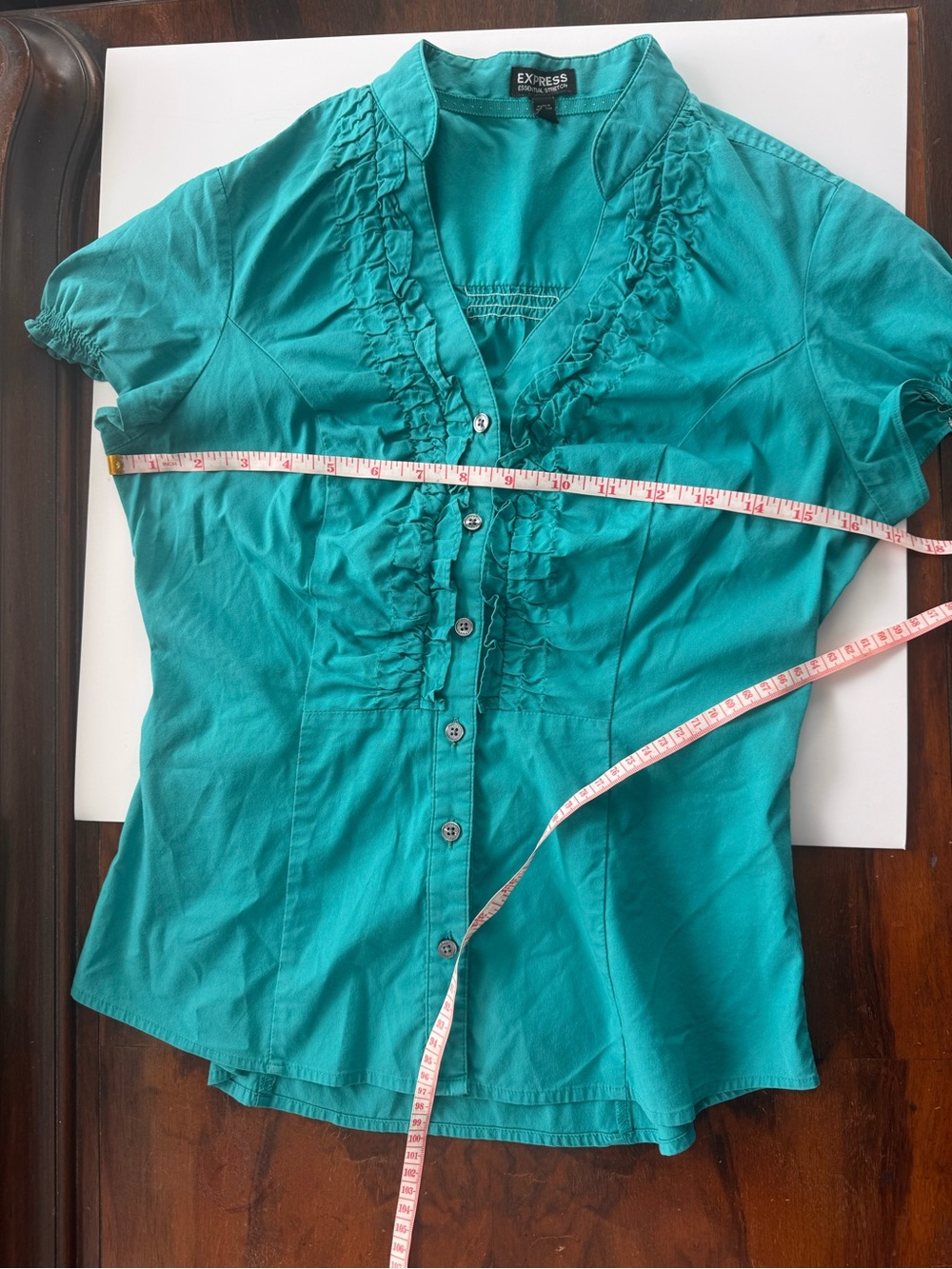 Express Ruffle-Front Short Sleeve Button-Down Blouse, size XS - Picture 5 of 8